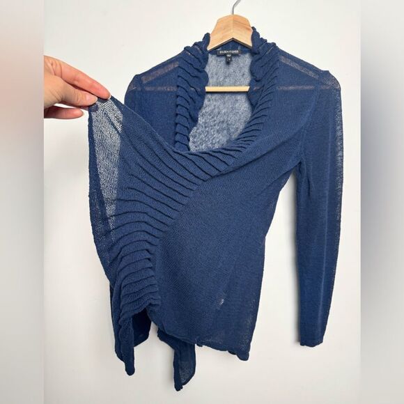 Eileen Fisher Navy Blue Linen Blend Cardigan Sweater Small S knitted ruffles - Picture 8 of 14